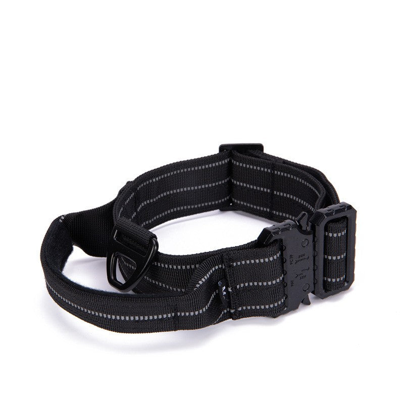Black Brighty QuickRelease reflective dog collar with quick-release buckle, integrated control handle, reflective stitching and adjustable fit.