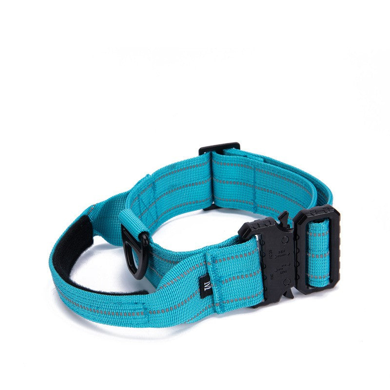 Blue Brighty QuickRelease reflective dog collar with padded handle, reflective stitching, adjustable fit and secure quick-release buckle.