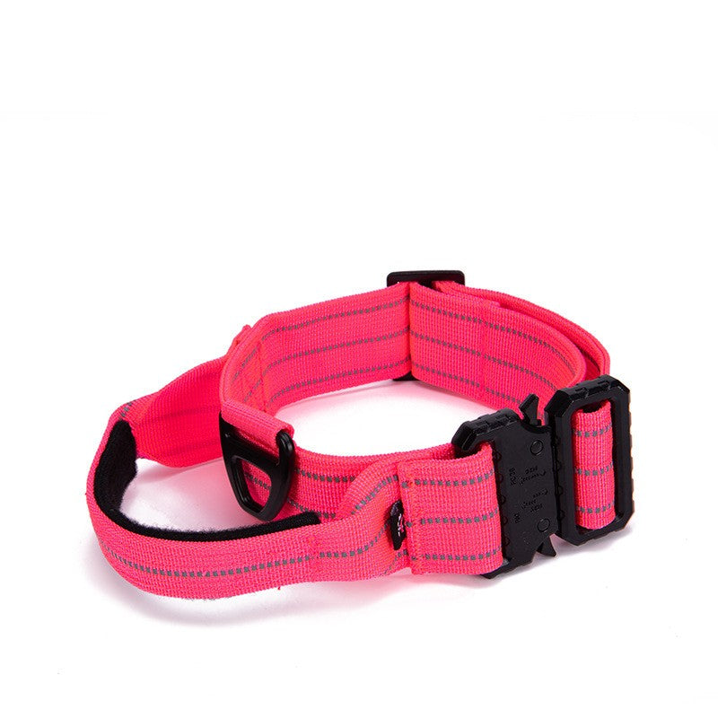 Pink Brighty QuickRelease reflective dog collar with padded control handle, reflective stitching, adjustable fit and quick-release buckle.