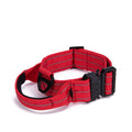 Red Brighty QuickRelease reflective dog collar featuring reflective stitching, integrated control handle, adjustable sizing and quick-release buckle.