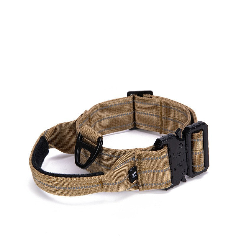 Sand Brighty QuickRelease reflective dog collar with quick-release buckle, reflective stitching, integrated control handle and adjustable fit.