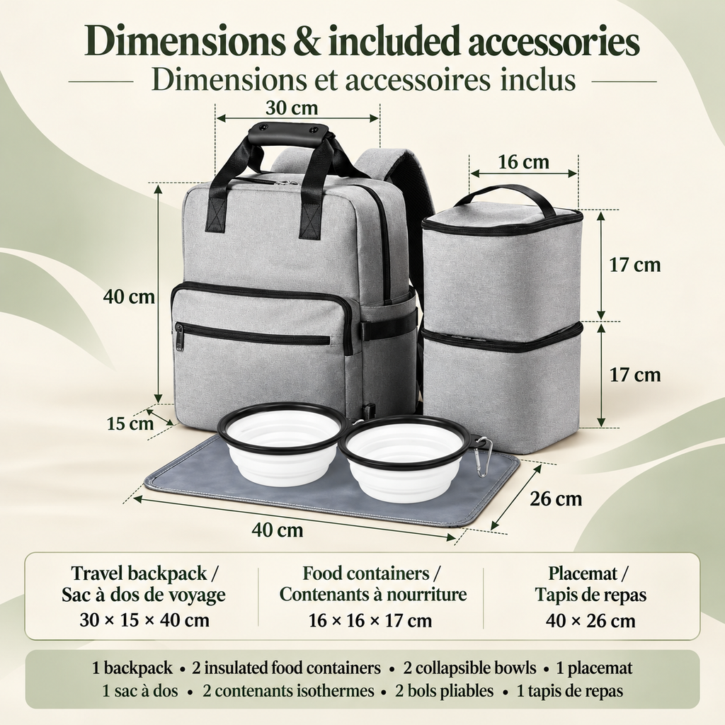 Grey Brighty RoamKit backpack measuring 30 × 15 × 40 cm, with two 16 × 16 × 17 cm food containers, two collapsible bowls and a 40 × 26 cm feeding mat.