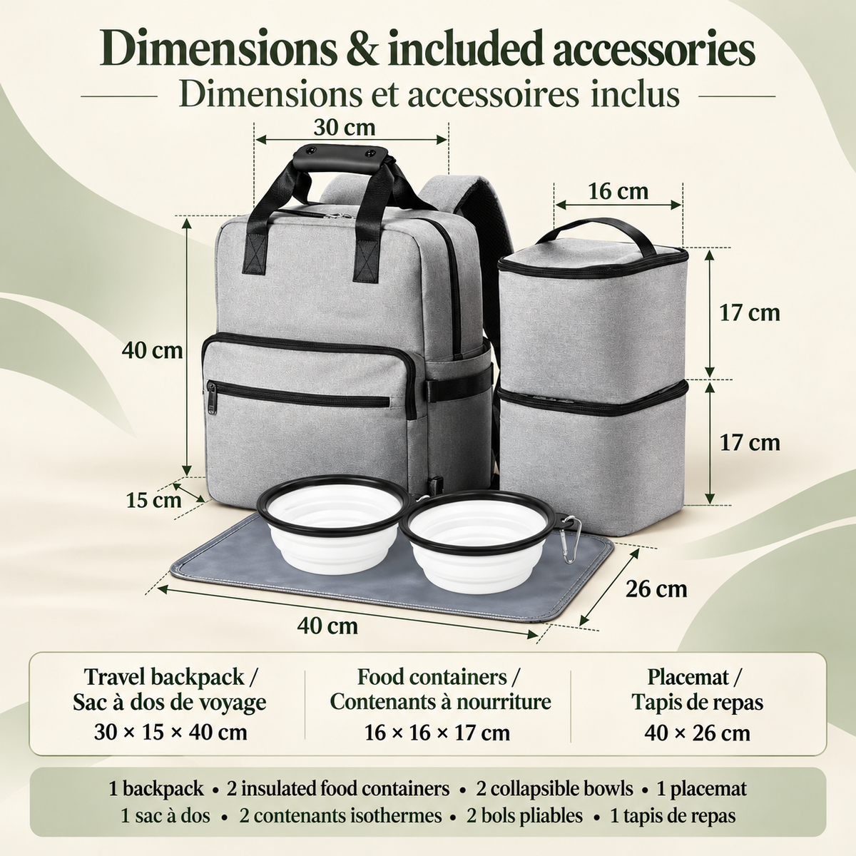 Grey Brighty RoamKit backpack measuring 30 × 15 × 40 cm, with two 16 × 16 × 17 cm food containers, two collapsible bowls and a 40 × 26 cm feeding mat.