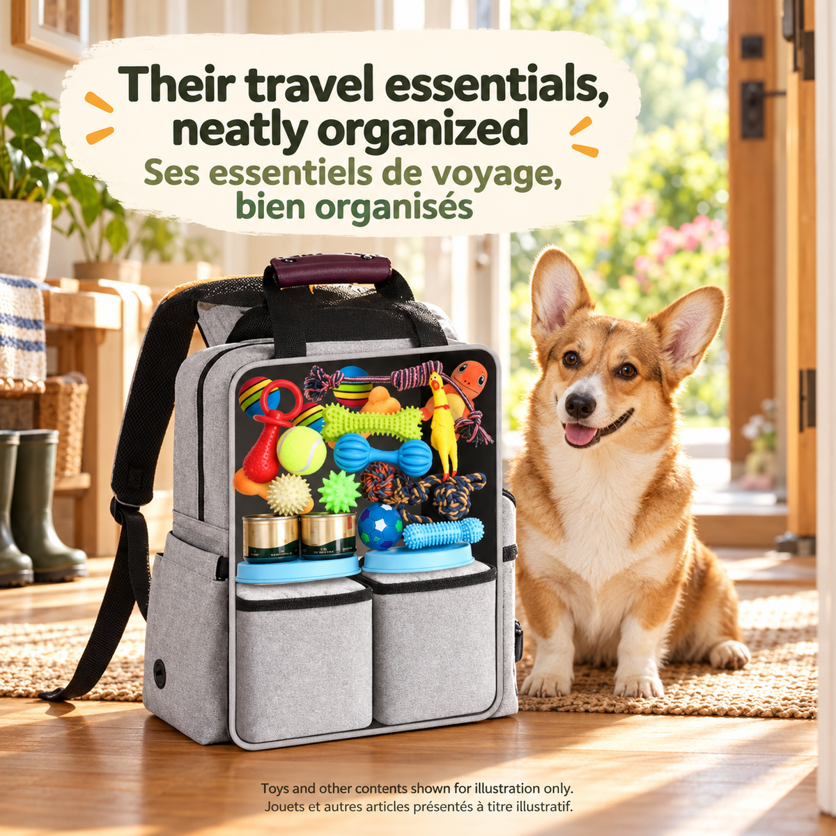 Open grey Brighty RoamKit beside a corgi, showing food containers and pet accessories arranged inside. Toys and other contents are shown for illustration only.