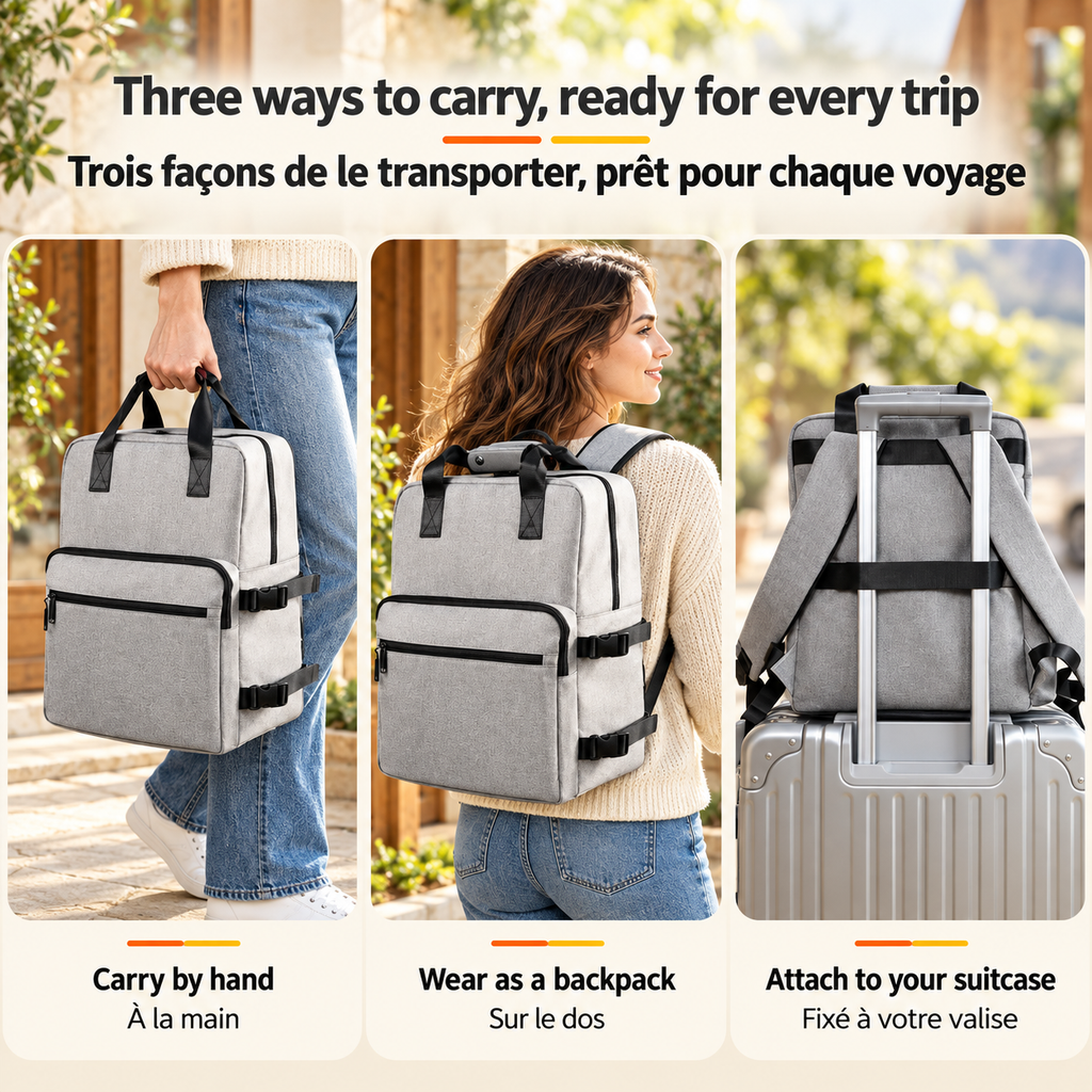 Grey Brighty RoamKit shown carried by its handles, worn as a backpack and secured over a suitcase handle using the rear luggage sleeve.