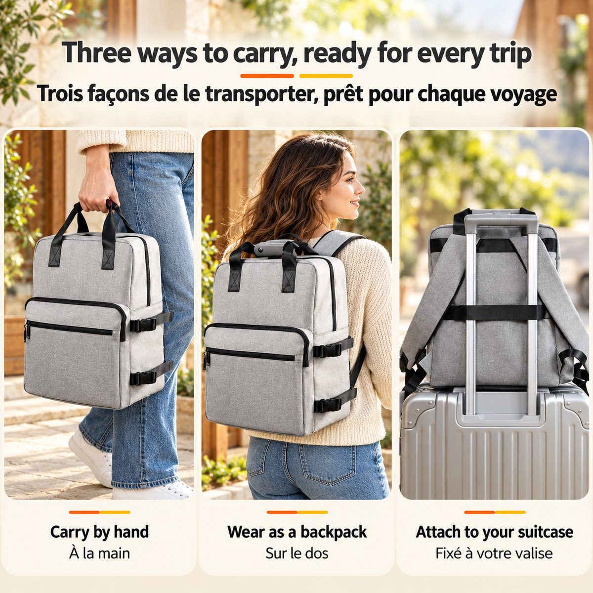 Grey Brighty RoamKit shown carried by its handles, worn as a backpack and secured over a suitcase handle using the rear luggage sleeve.