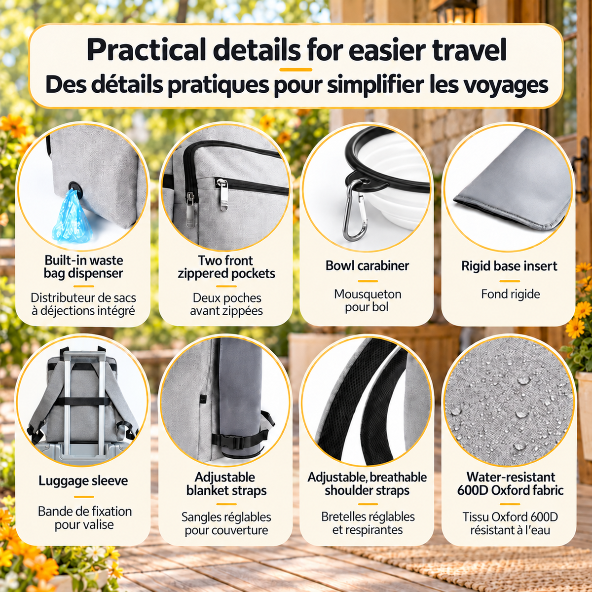 Close-ups of the waste bag dispenser, zippered pockets, bowl clip, rigid base insert, luggage sleeve, blanket straps, breathable shoulder straps and water-resistant fabric.