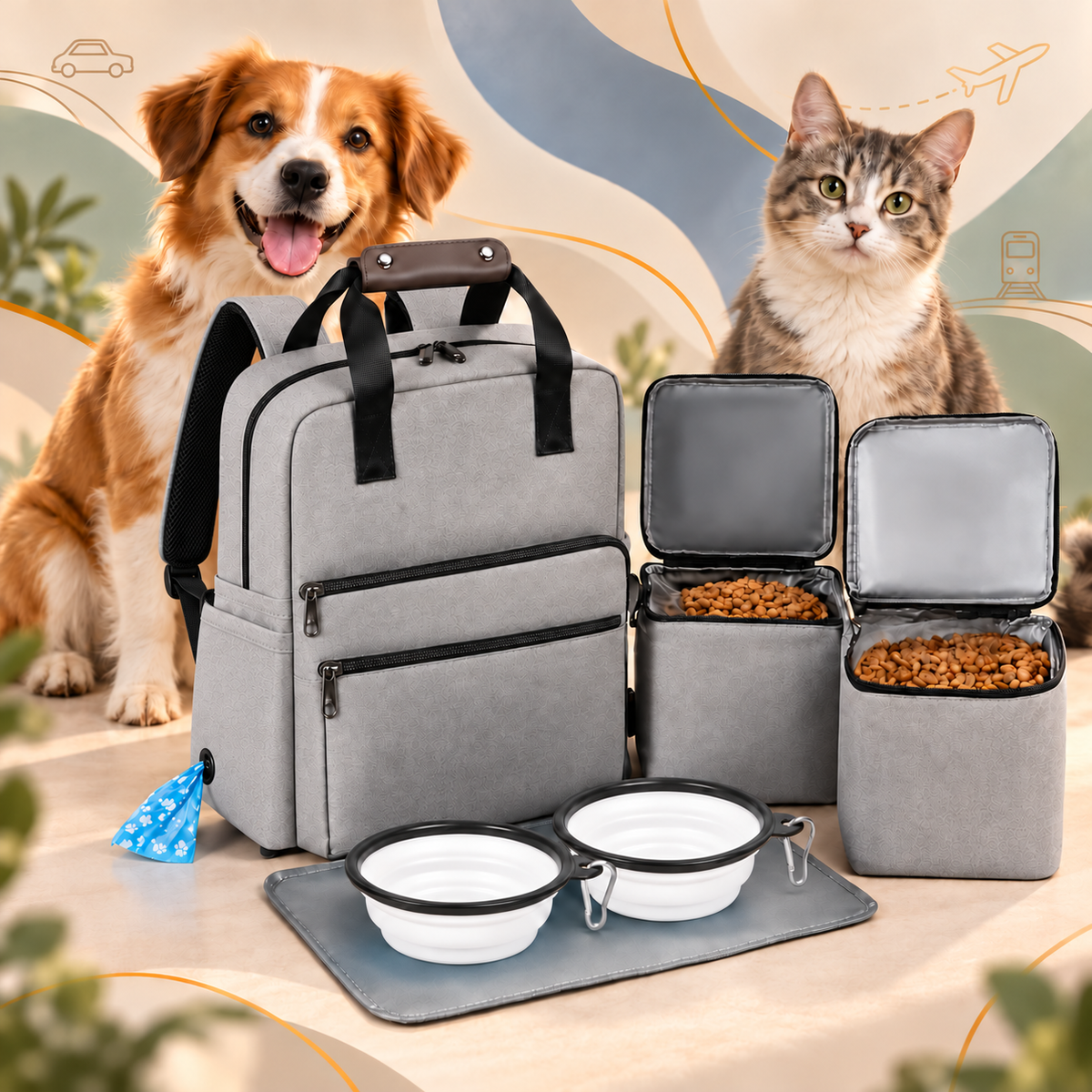 Grey Brighty RoamKit displayed with two open food containers filled with kibble, two white collapsible bowls and a feeding mat, with a dog and cat behind the set.