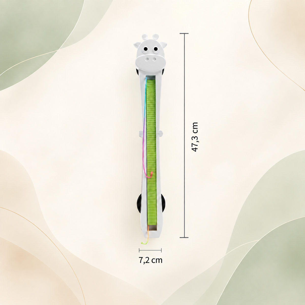 Front view of the white and green Brighty RopeTwirl showing its cords, suction cups and dimensions of 47.3 cm high by 7.2 cm wide.