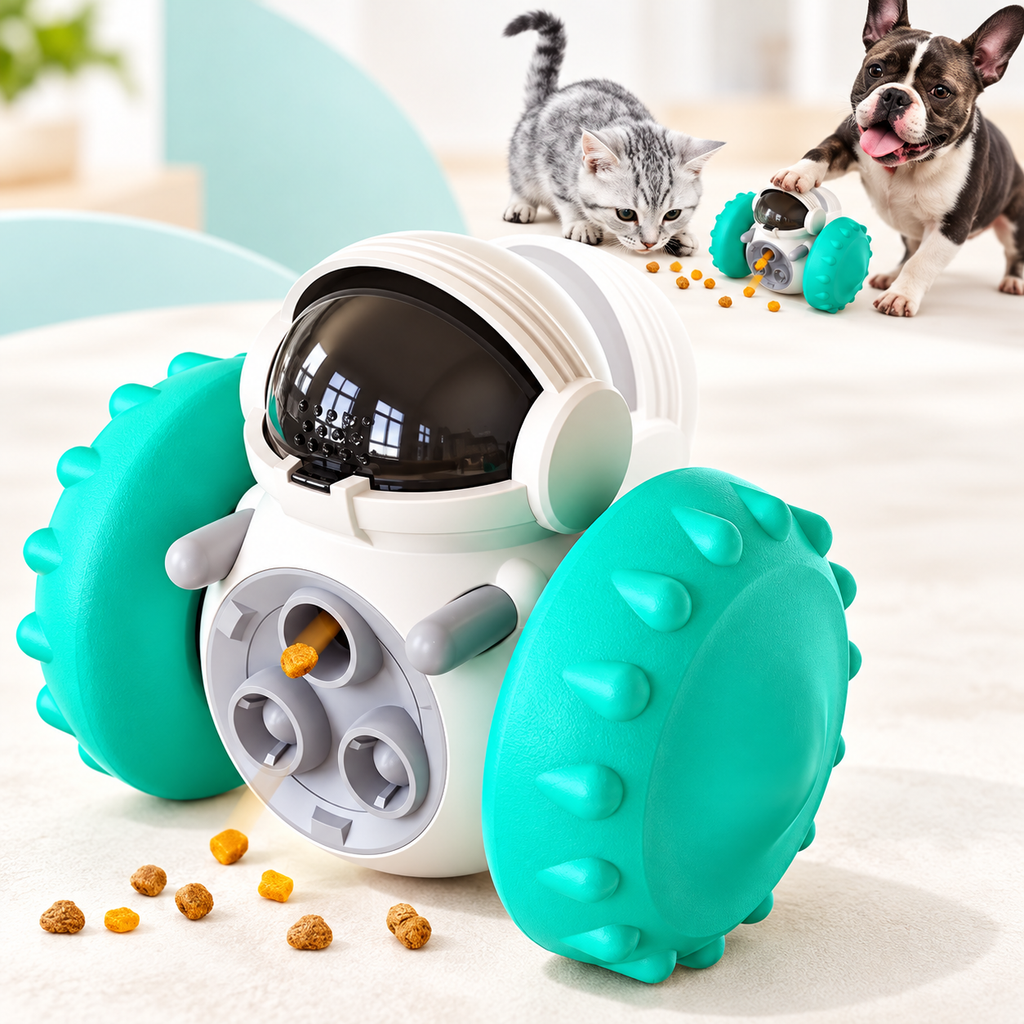 Lake blue Brighty Rover robot-shaped treat dispenser with scattered treats, plus a background scene showing a dog and cat exploring the toy.