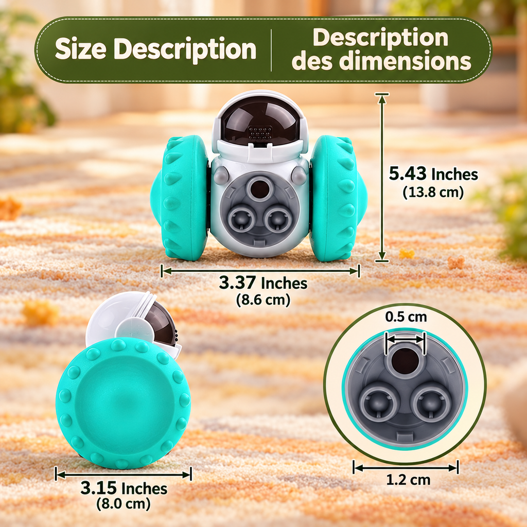 Brighty Rover lake blue treat dispenser size diagram showing front and side views, measurements and a close-up of the dispensing openings.
