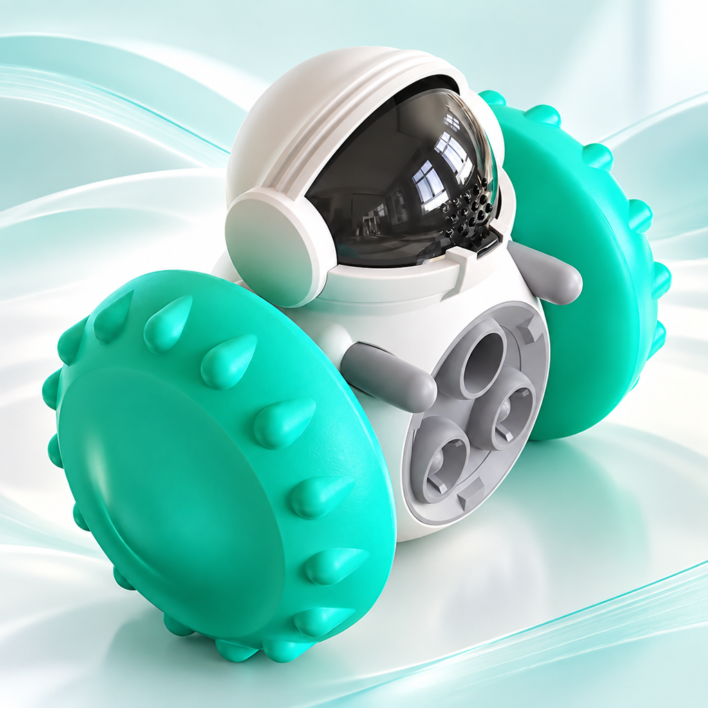 Lake blue Brighty Rover robot-shaped treat dispenser with textured side discs, a white body and a translucent black lid.