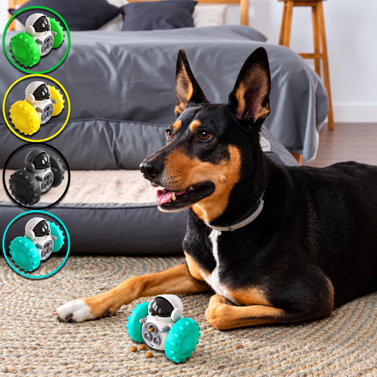 Dog resting beside a lake blue Brighty Rover on a rug, with inset images showing the green, yellow, black and lake blue variants.