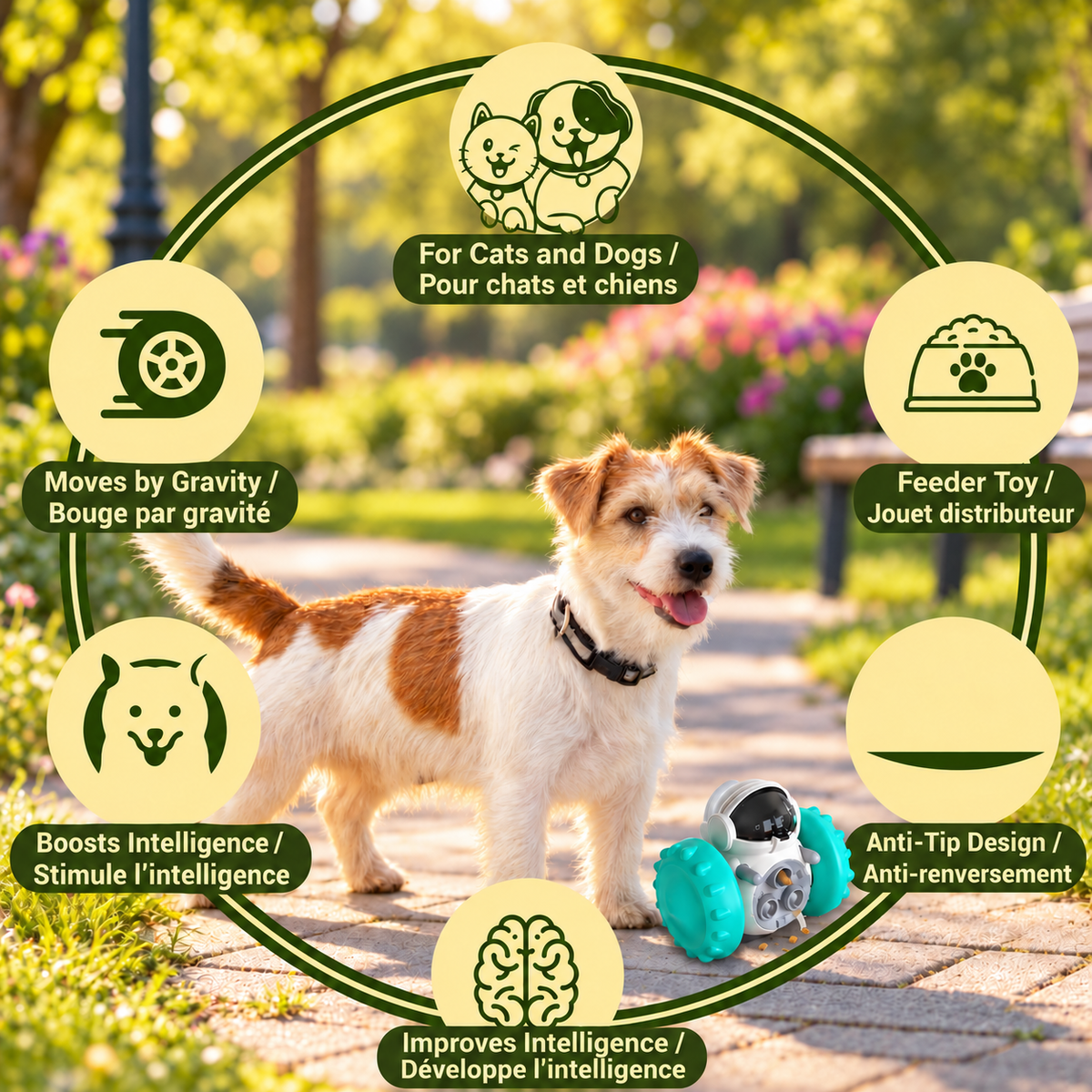 Dog standing beside a lake blue Brighty Rover outdoors, surrounded by bilingual icons illustrating treat dispensing and self-balancing movement.