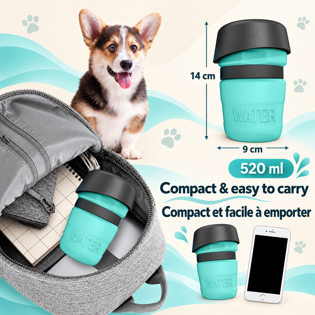 Turquoise Brighty SipGo measuring 14 cm tall and 9 cm wide with its bowl folded, shown inside a backpack and beside a phone, with a corgi nearby.