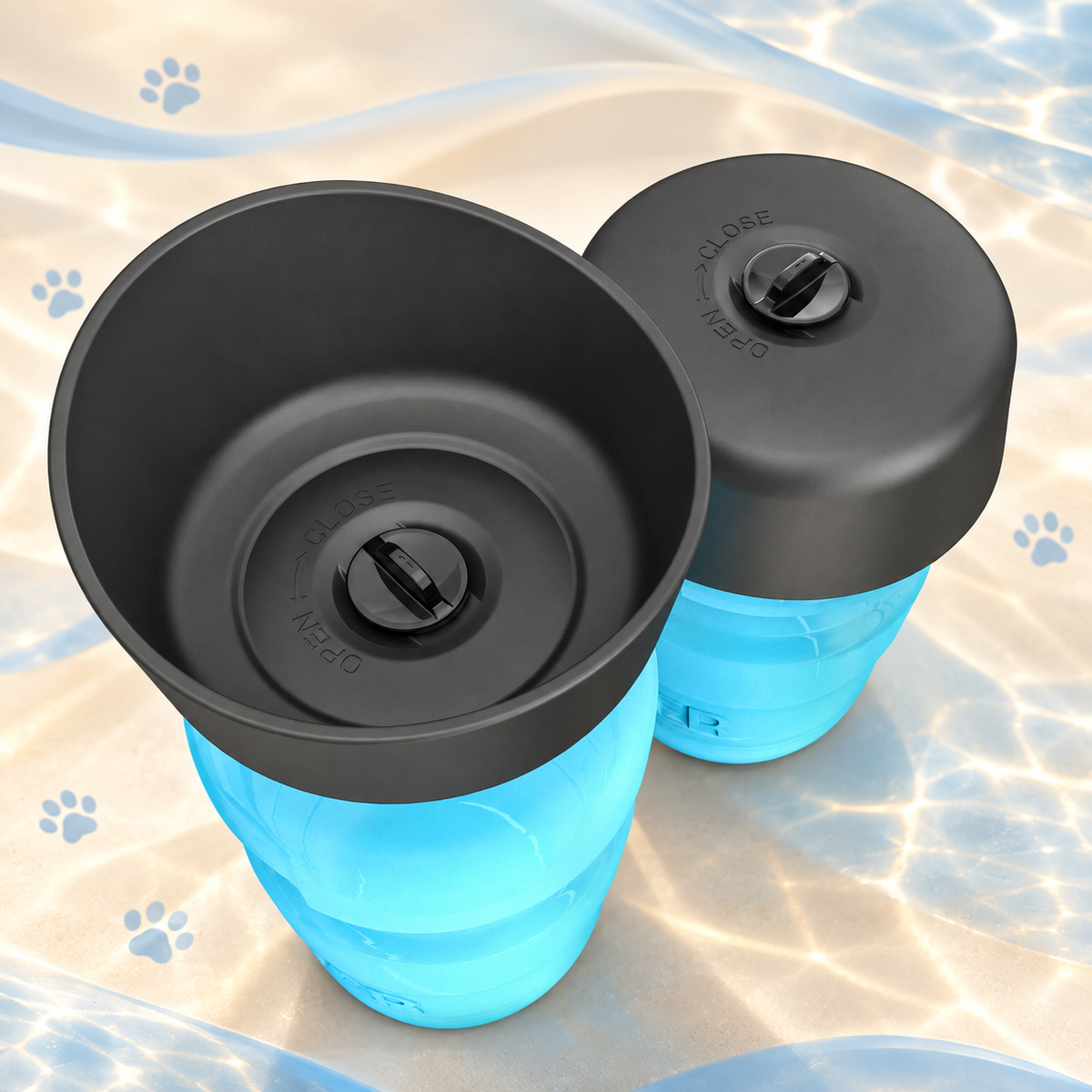Overhead view of two blue Brighty SipGo bottles showing the black silicone bowl expanded and folded, with the central open-and-close twist locks visible.
