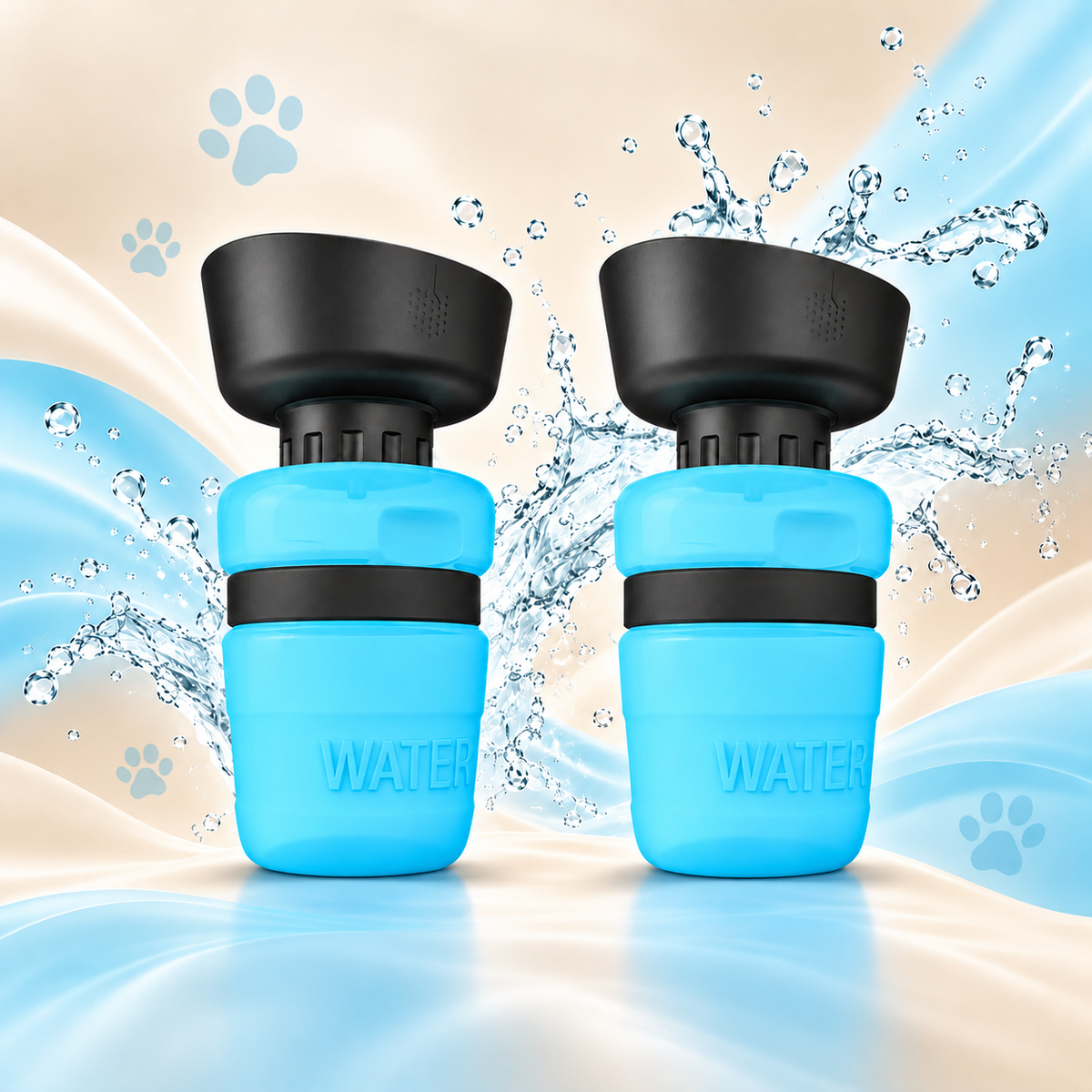 Two blue Brighty SipGo pet water bottles displayed side by side with their black silicone bowls expanded, against a blue background with water splashes.