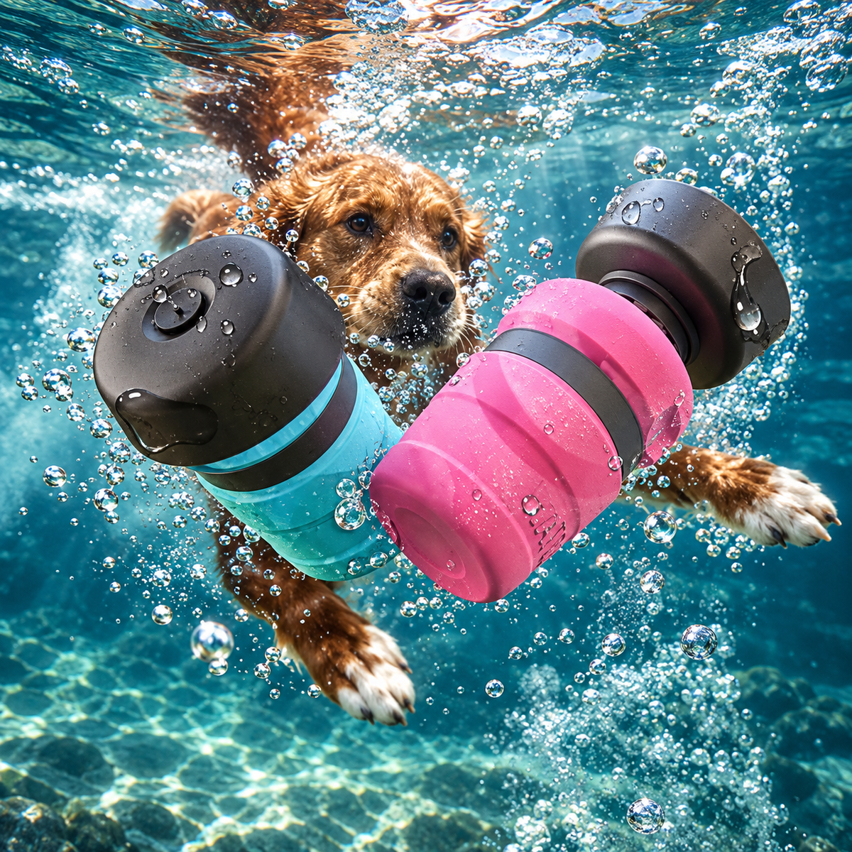 Stylized underwater scene featuring blue and pink Brighty SipGo bottles with folded black bowls, surrounded by bubbles with a swimming dog behind them.