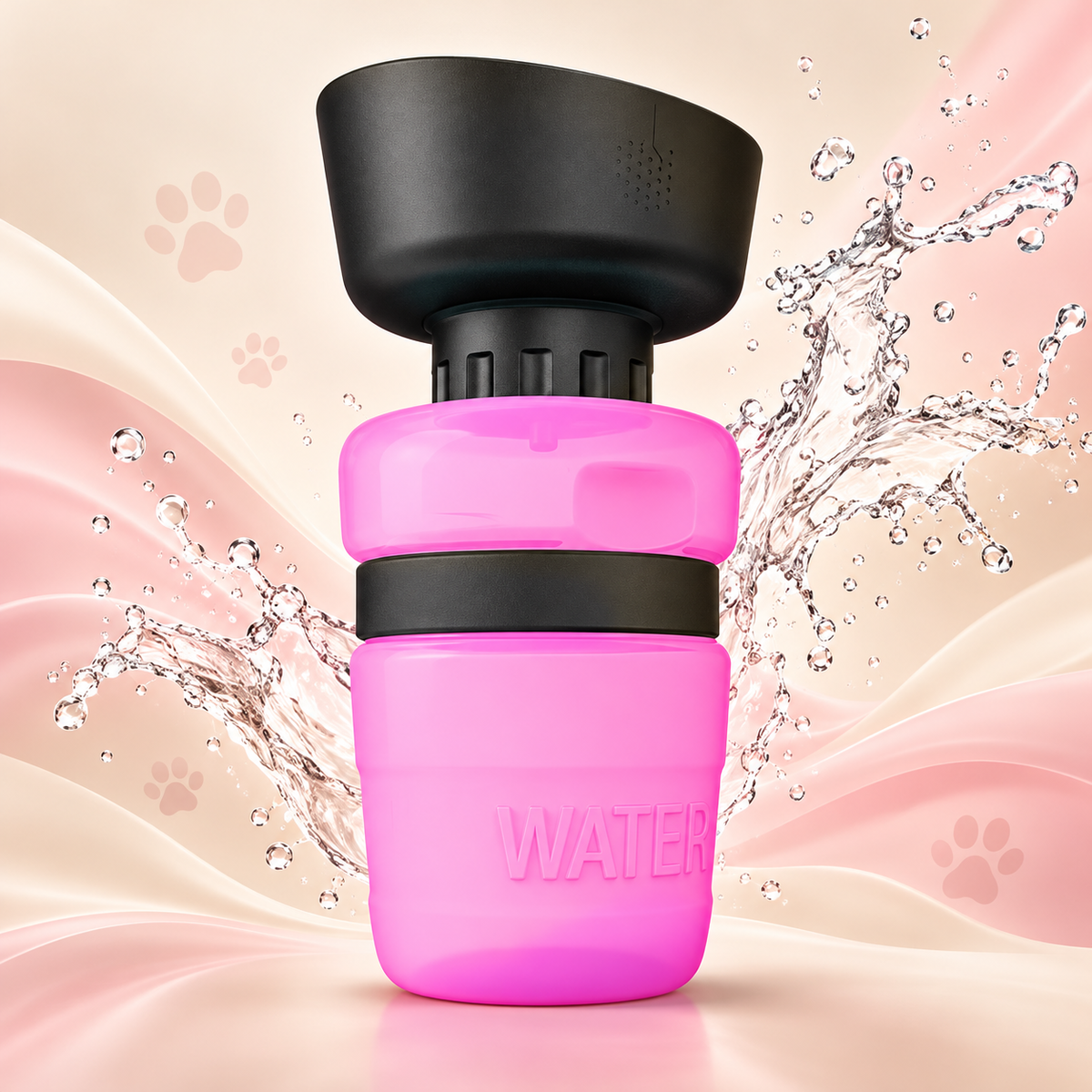 Pink Brighty SipGo pet water bottle with its black silicone bowl expanded, shown against a pink and cream background with water splashes.
