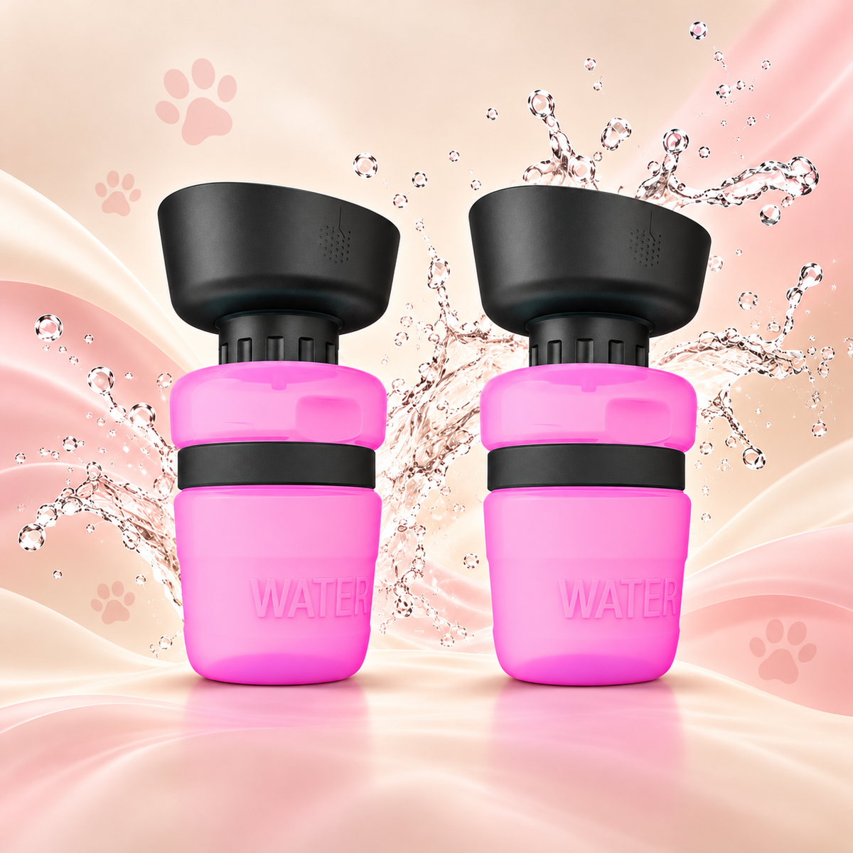 Two pink Brighty SipGo pet water bottles displayed side by side with their black silicone bowls expanded, against a pink background with water splashes.