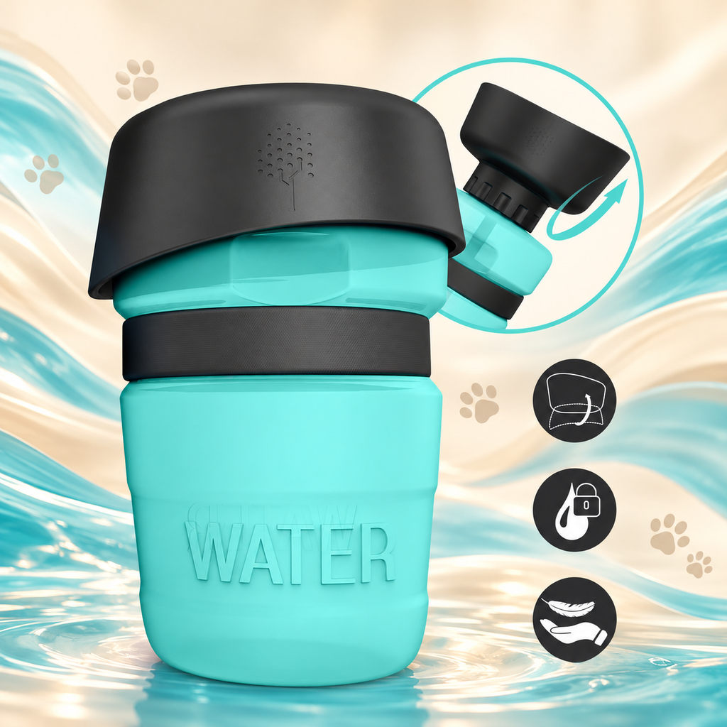 Turquoise Brighty SipGo with its black silicone bowl folded around the top, alongside an inset illustrating how the bowl unfolds for drinking.