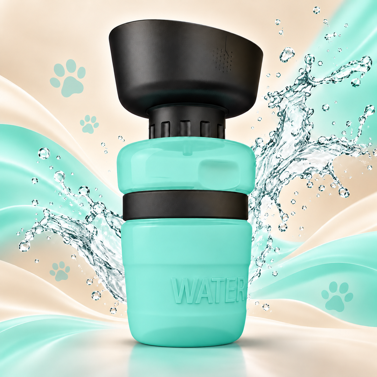 Turquoise Brighty SipGo pet water bottle with its black silicone bowl expanded, shown against a turquoise and cream background with water splashes.