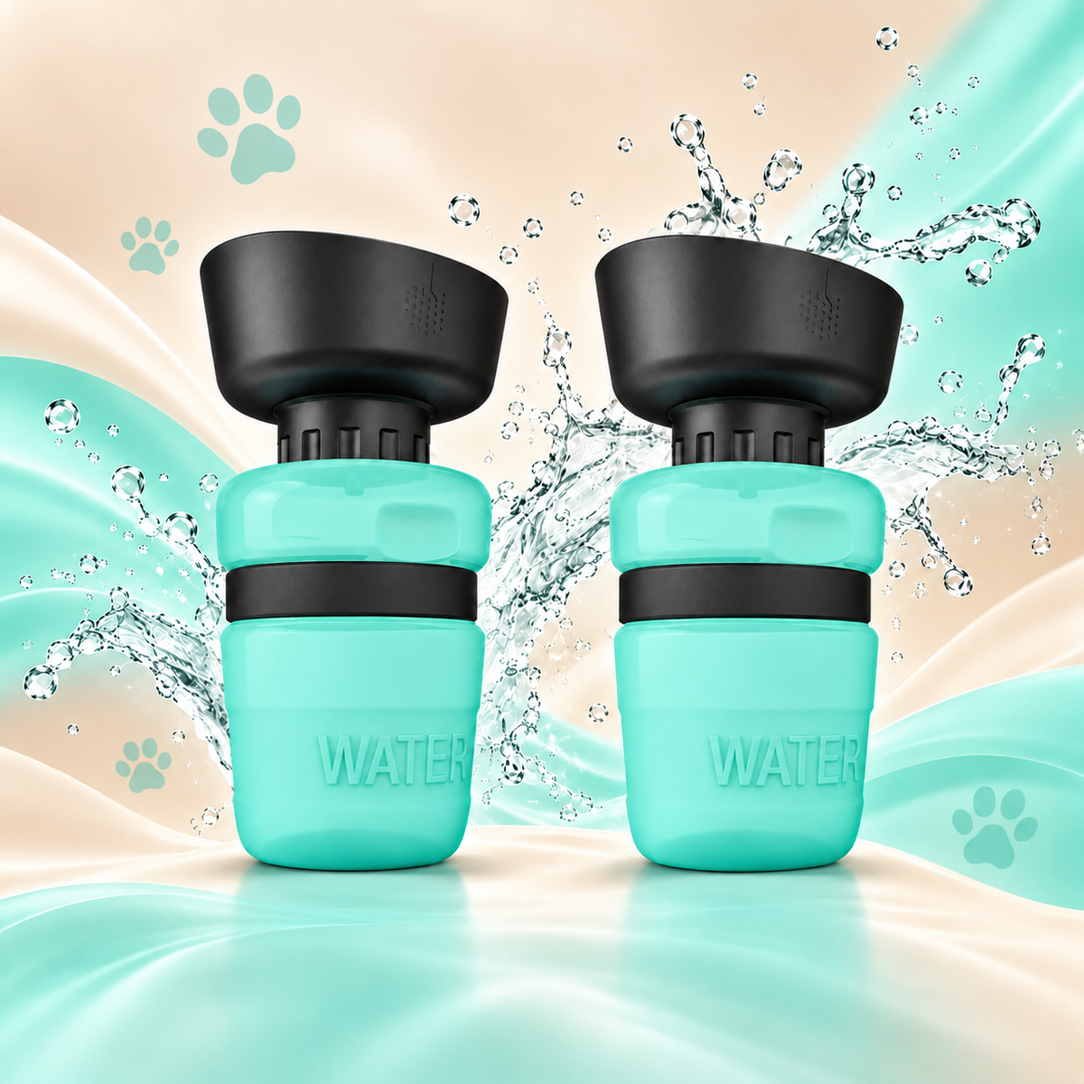 Two turquoise Brighty SipGo pet water bottles displayed side by side with their black silicone bowls expanded, against a turquoise background with water splashes.