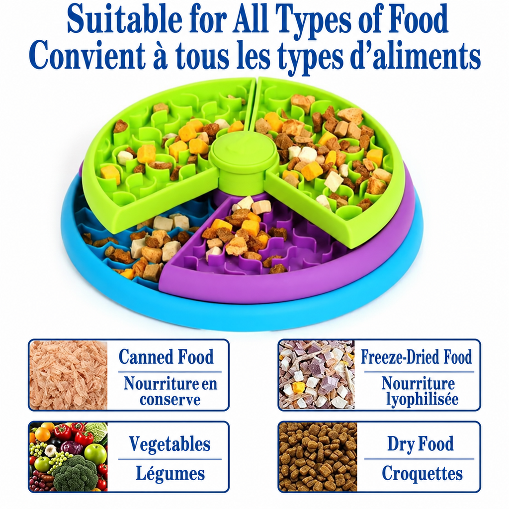 Three-level rotating puzzle feeder shown with food in its compartments, with examples of dry, canned and freeze-dried food and vegetables.
