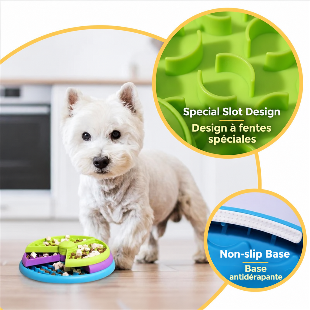 A small white dog stands beside the colorful food puzzle, with close-ups of its textured slots and non-slip base.