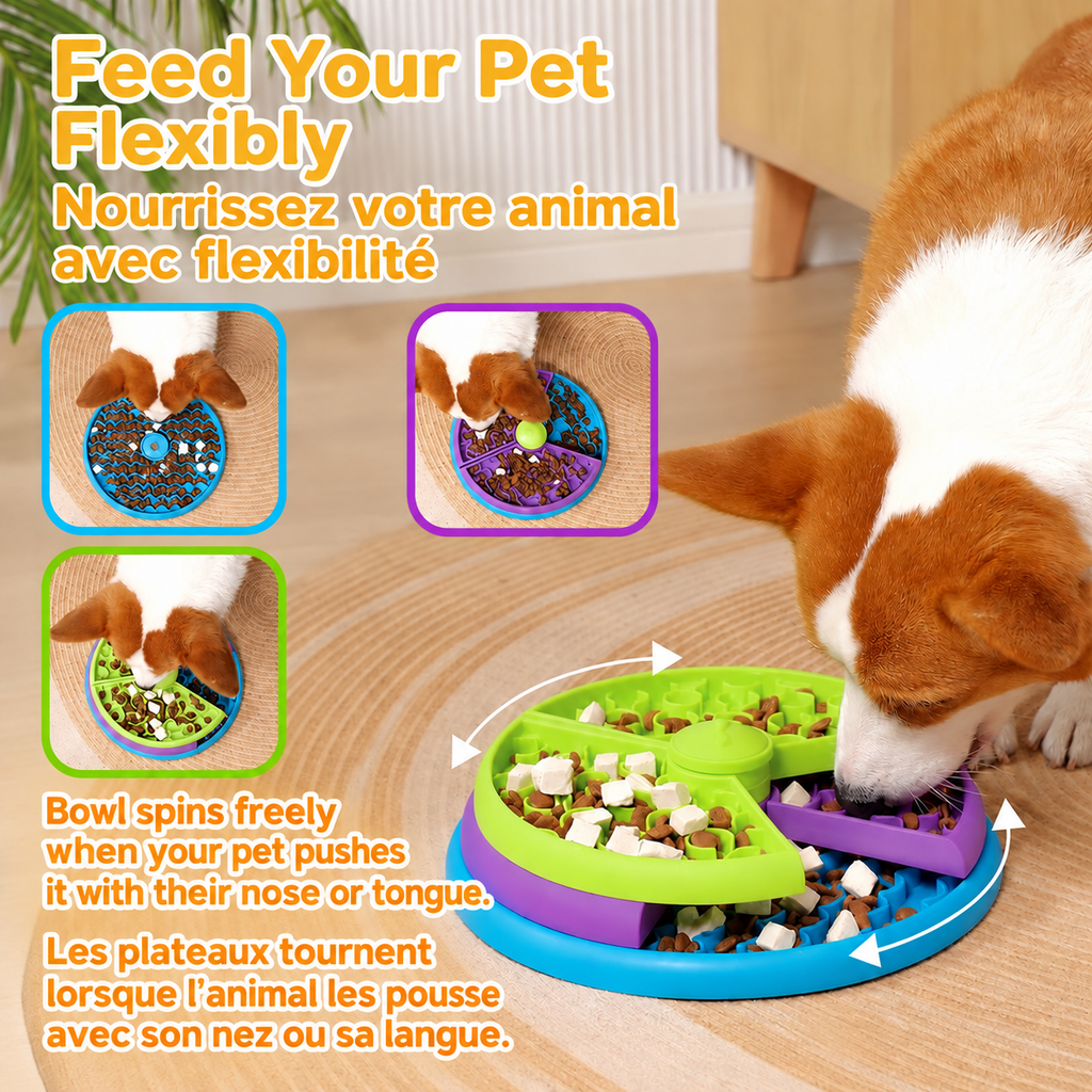 A dog pushes the colorful rotating puzzle sections with its nose while eating, with smaller views showing its different layers.