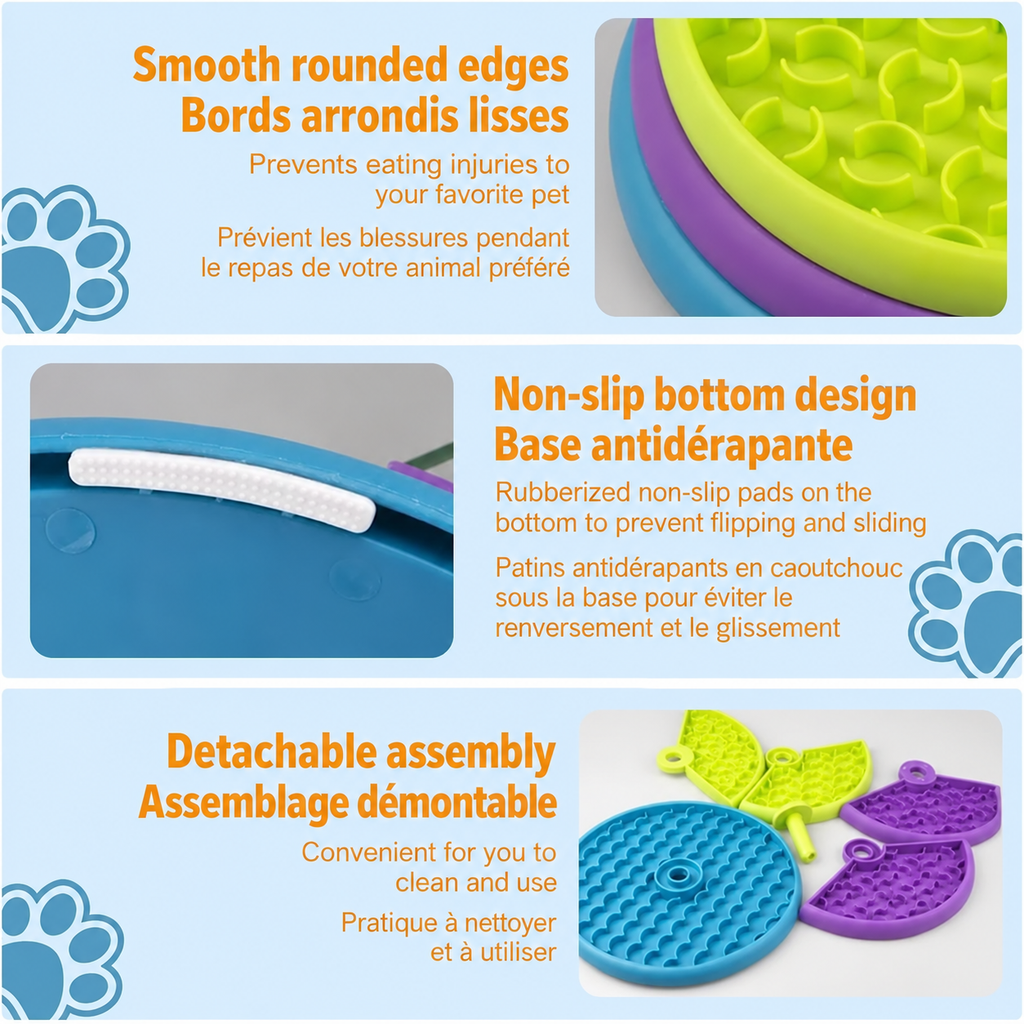 Product detail collage showing rounded edges, rubberized non-slip pads underneath, and the detachable blue, purple and green puzzle sections.