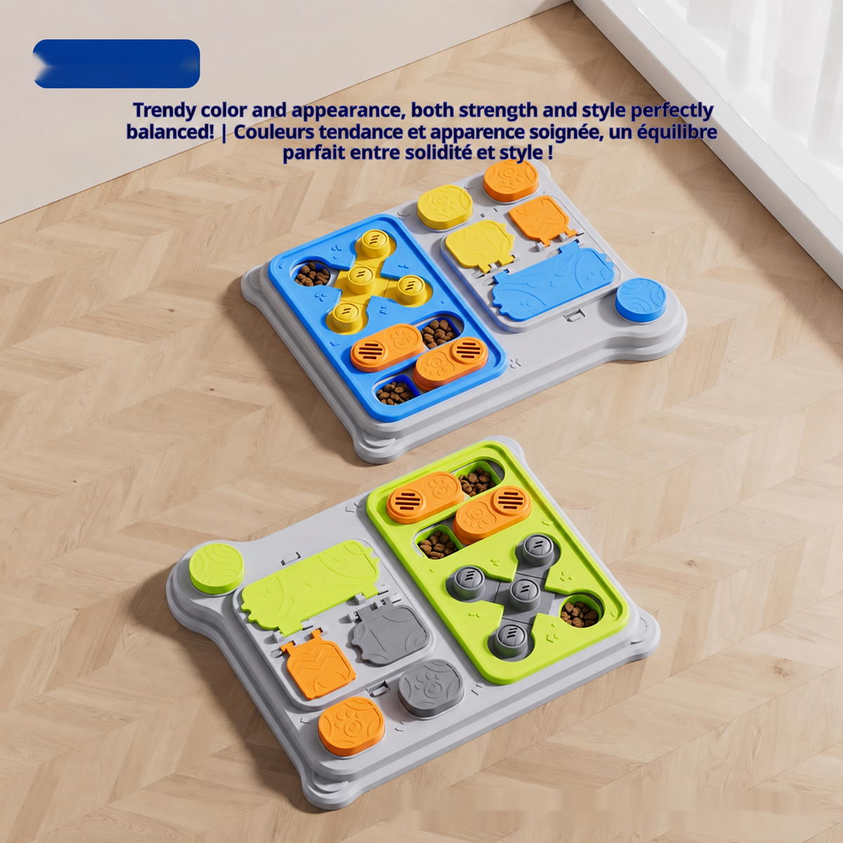 Brighty Think&Feed 2-in-1 interactive dog food puzzle shown in blue and green, combining slow feeding with multiple treat compartments and moving puzzle pieces.