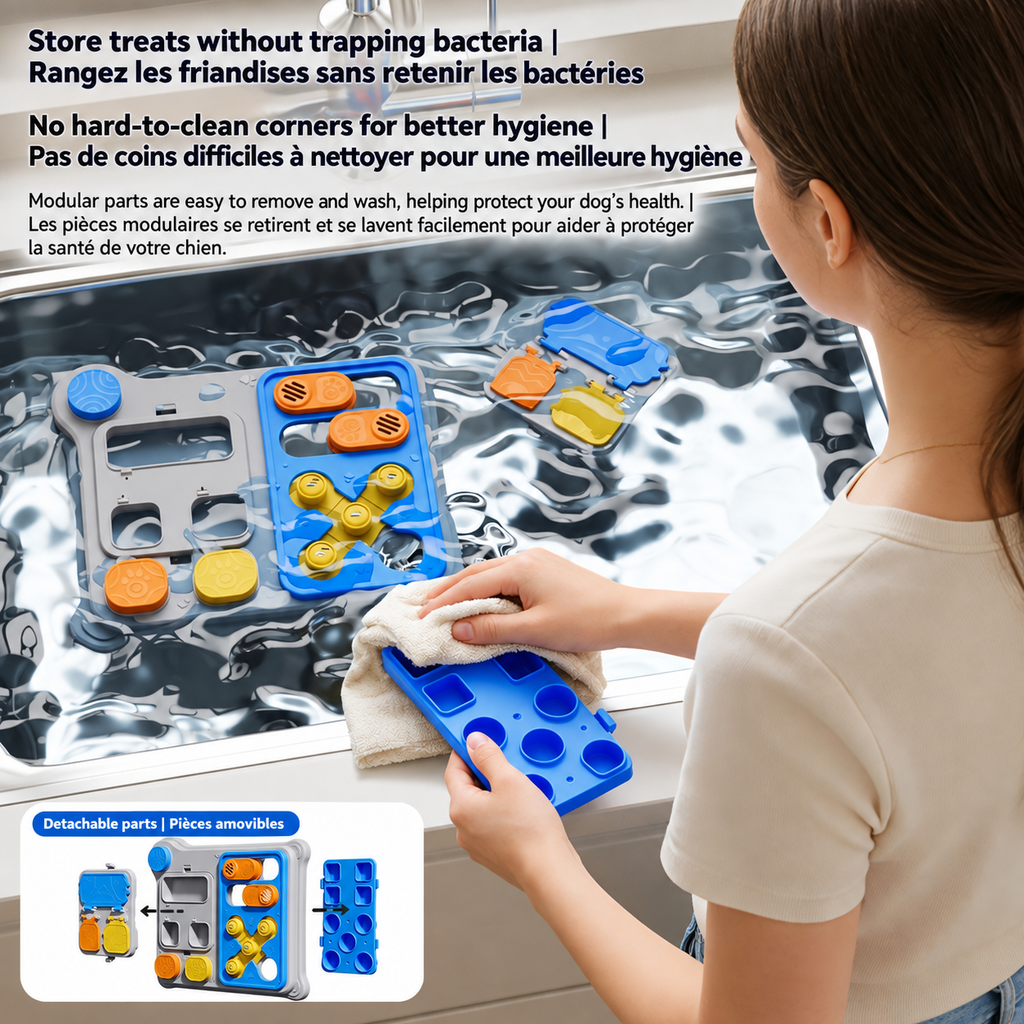 Brighty Think&Feed modular dog food puzzle with removable parts for easier cleaning and multiple compartments designed for treats, kibble and interactive feeding.