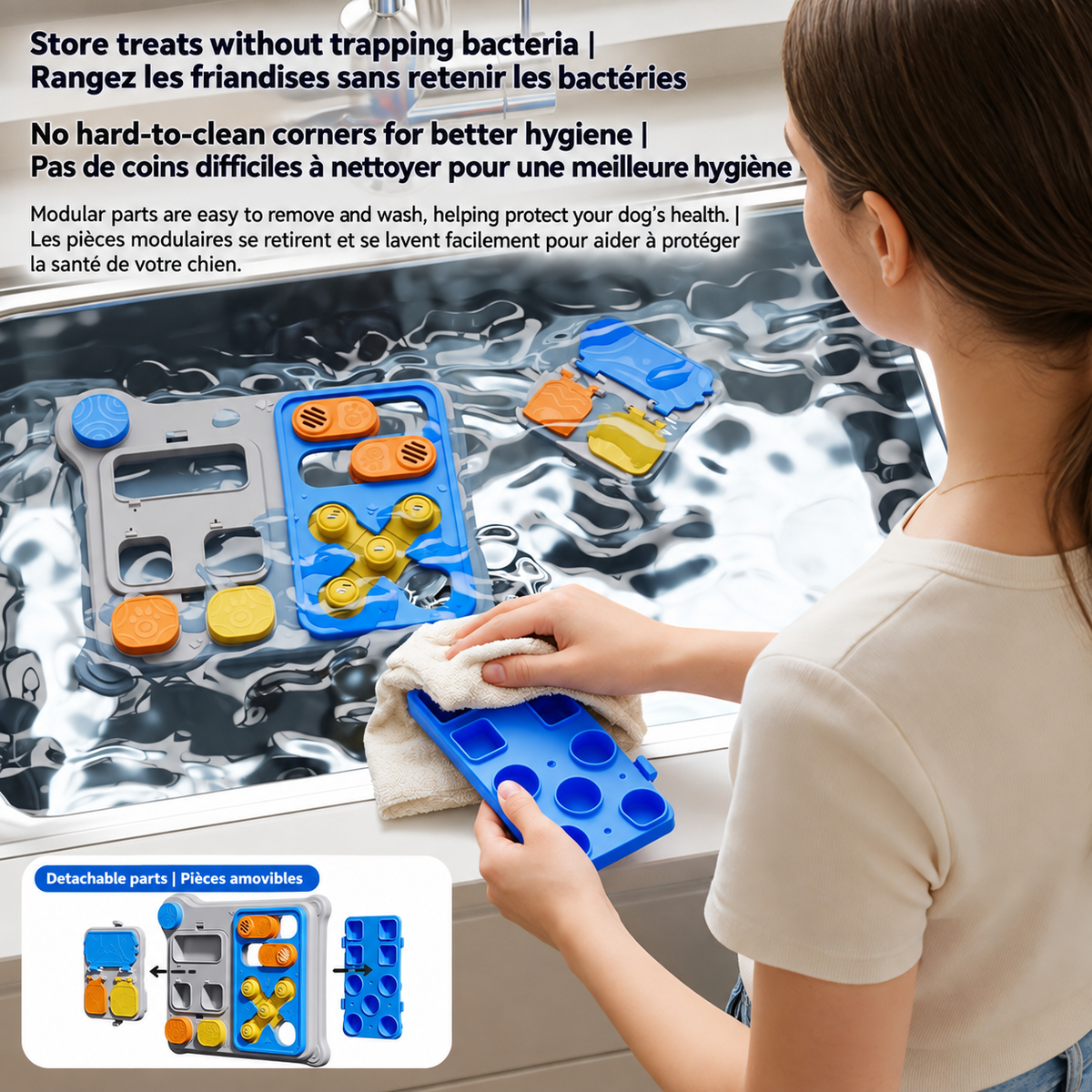 Brighty Think&Feed modular dog food puzzle with removable parts for easier cleaning and multiple compartments designed for treats, kibble and interactive feeding.