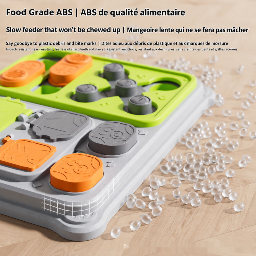 Brighty Think&Feed interactive dog food puzzle made from food-grade ABS, with durable moving pieces designed for slow feeding, treat searching and daily mental stimulation.