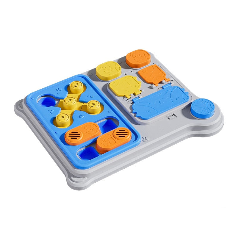 Blue Brighty Think&Feed 2-in-1 interactive dog food puzzle with multiple treat compartments and moving pieces designed for mental stimulation and slower feeding.