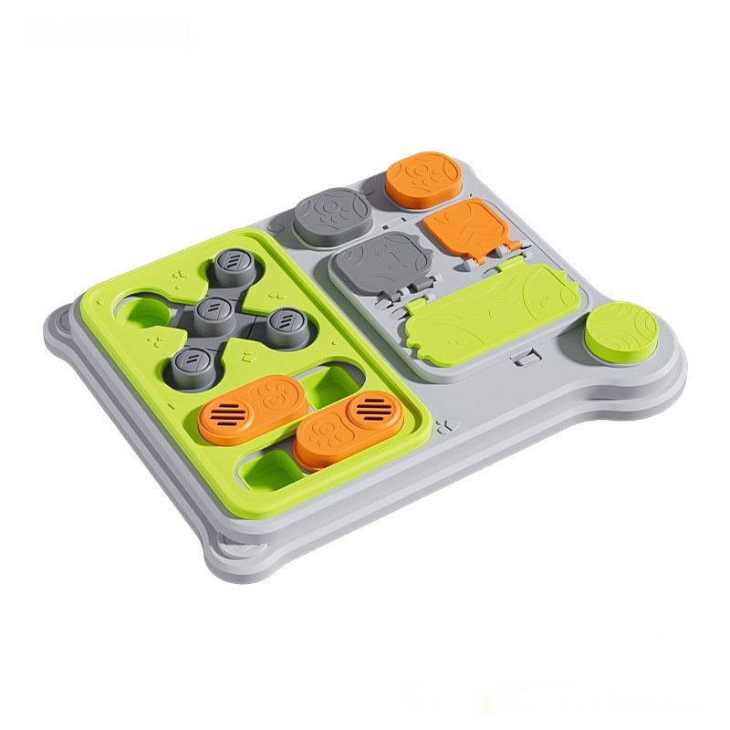 Green Brighty Think&Feed 2-in-1 interactive dog food puzzle with multiple treat compartments and moving pieces designed for mental stimulation and slower feeding.
