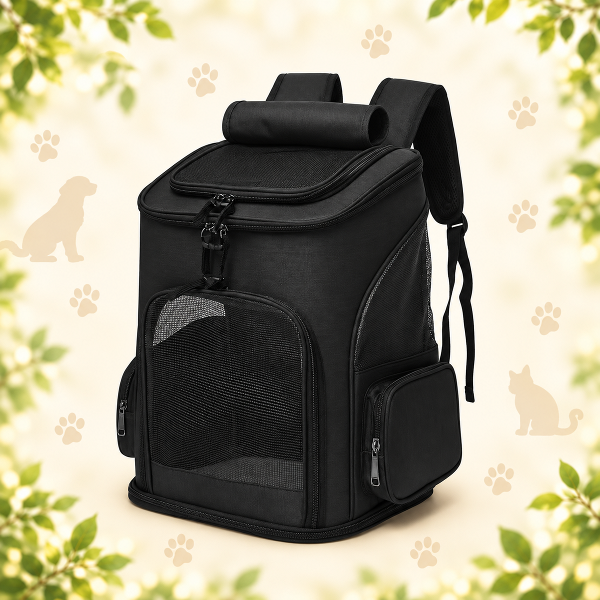 Black Brighty TrailCarry pet carrier backpack showing front and side mesh panels, zippered openings, side pockets and padded shoulder straps.