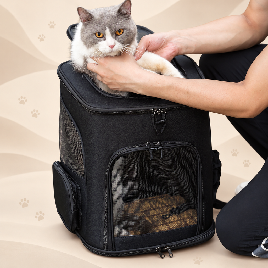 Grey-and-white cat being gently positioned through the open top of the black Brighty TrailCarry, showing its front mesh door, side ventilation and zippered openings.