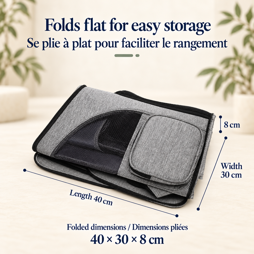 Grey Brighty TrailCarry folded flat for storage, with measurements showing a length of 40 cm, width of 30 cm and thickness of 8 cm.