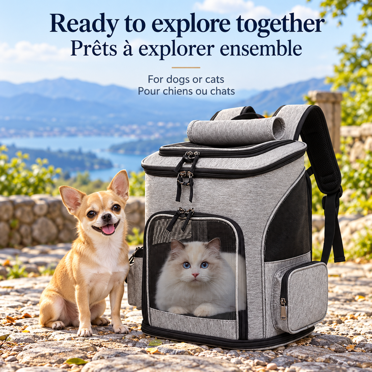 Grey Brighty TrailCarry with a cat visible through the front mesh door and a small tan dog sitting beside it, against a scenic lake and mountain backdrop.