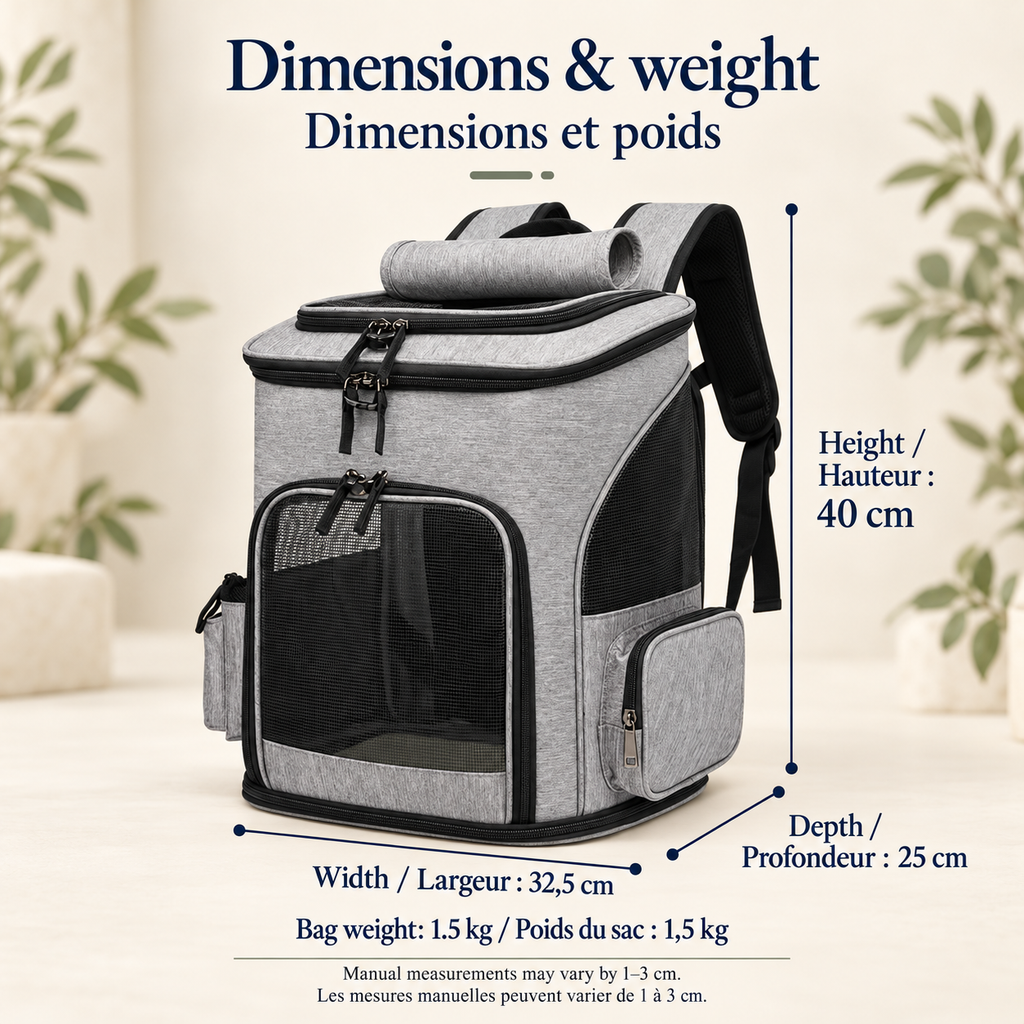 Grey Brighty TrailCarry measuring 32.5 cm wide, 25 cm deep and 40 cm tall, with a bag weight of 1.5 kg. Manual measurements may vary by 1–3 cm.