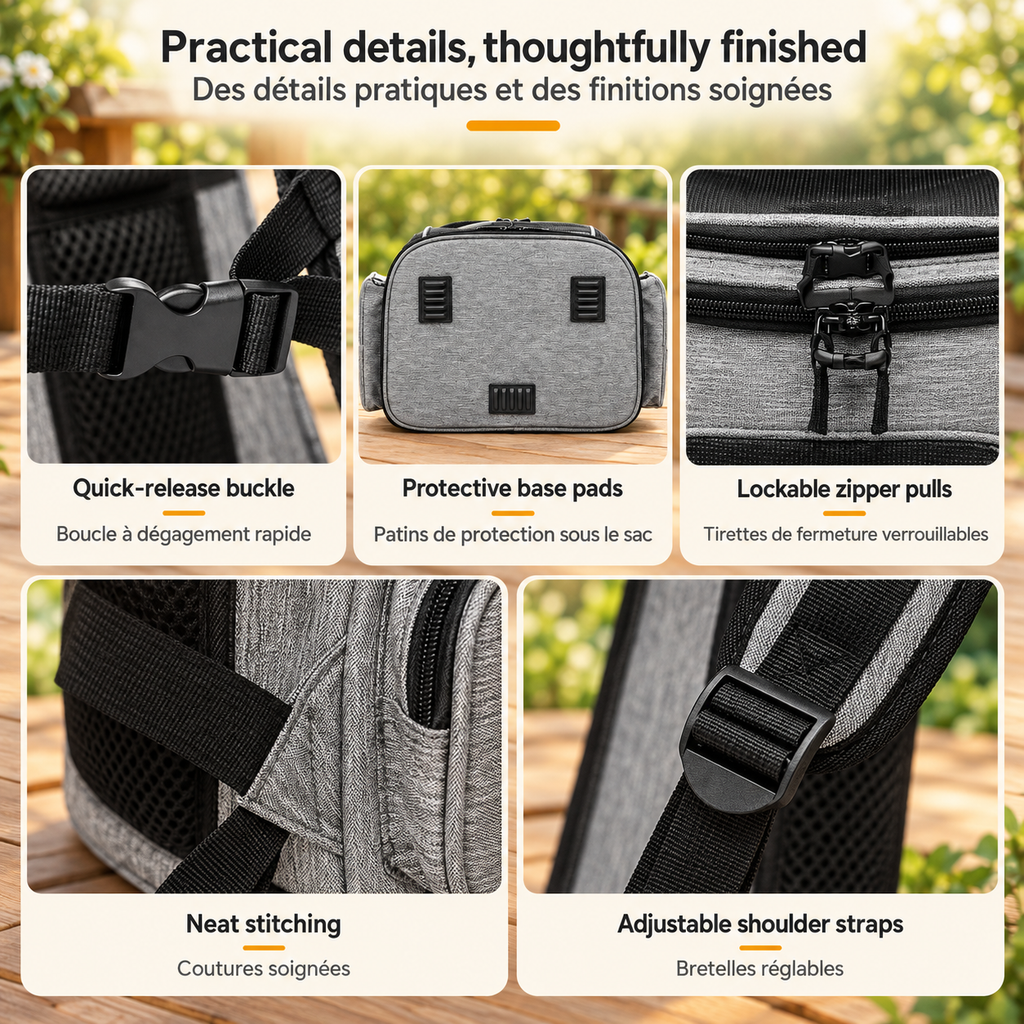 Close-ups of the Brighty TrailCarry’s quick-release buckle, protective base pads, lockable zipper pulls, stitching and adjustable padded shoulder straps.