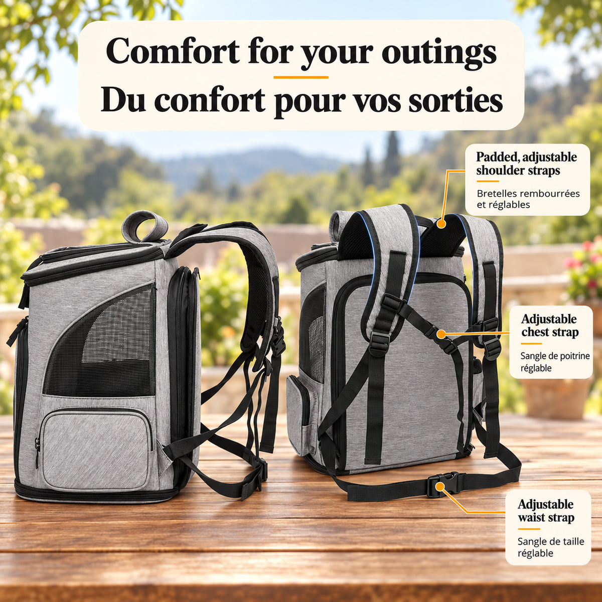 Side and rear views of the grey Brighty TrailCarry showing padded adjustable shoulder straps, an adjustable chest strap and an adjustable waist strap.