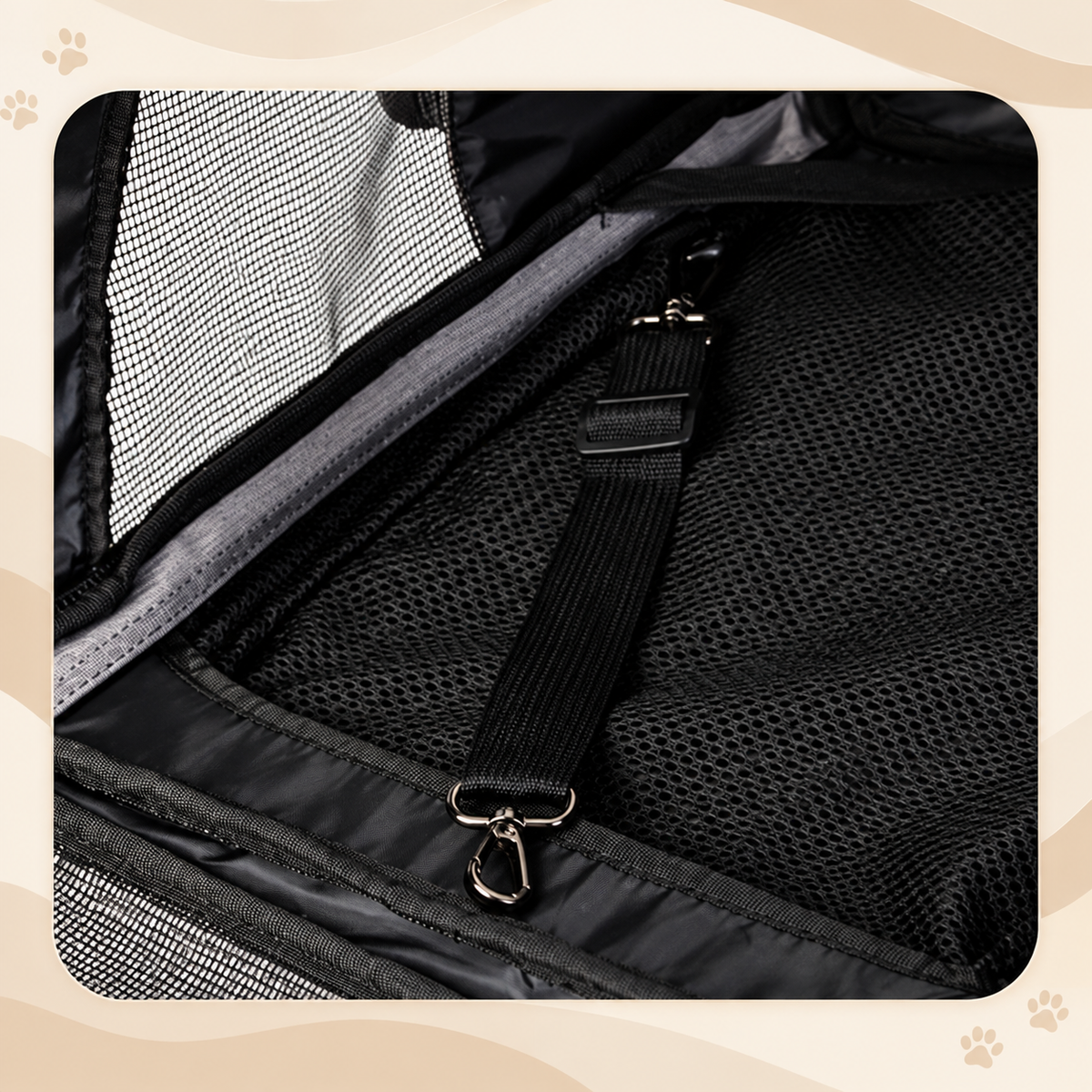 Close-up inside the Brighty TrailCarry showing an adjustable black tether with a metal clip resting on the mesh-lined interior beside a ventilation panel.