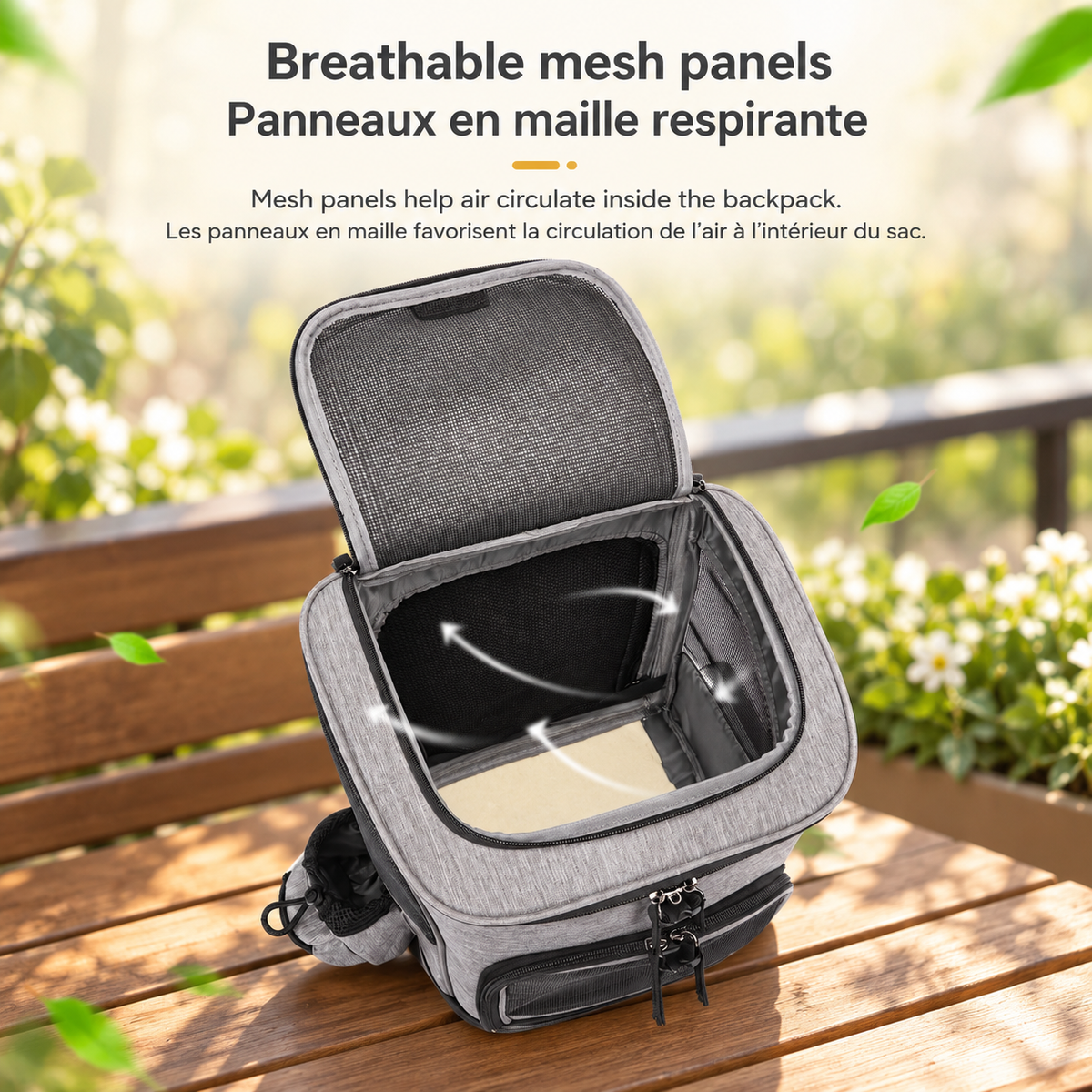 Top view of the grey Brighty TrailCarry with its upper mesh flap open, showing the interior cushion and mesh panels, with arrows illustrating airflow.