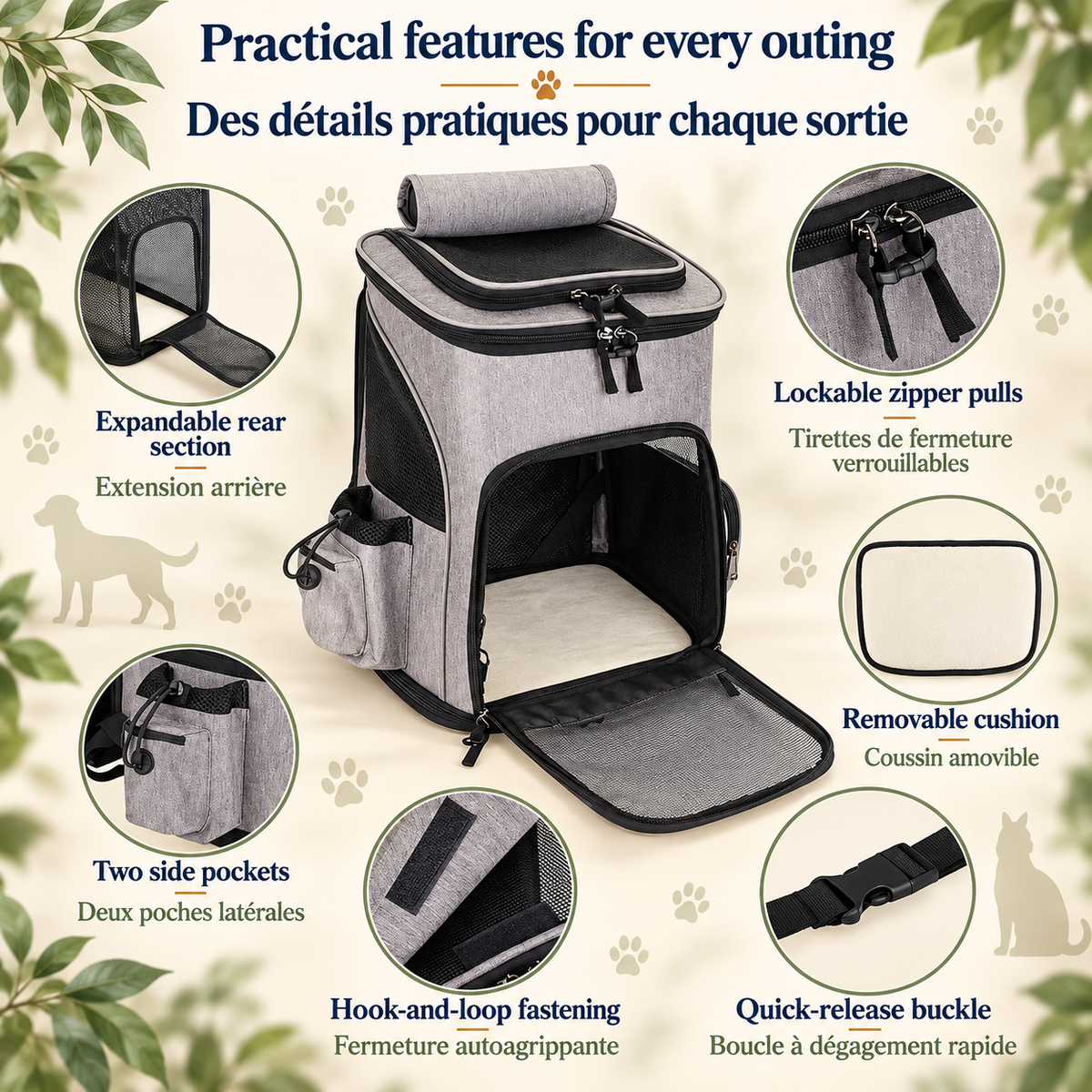 Grey Brighty TrailCarry with its front door open, surrounded by close-ups of the expandable rear section, lockable zipper pulls, removable cushion, side pockets and fastenings.