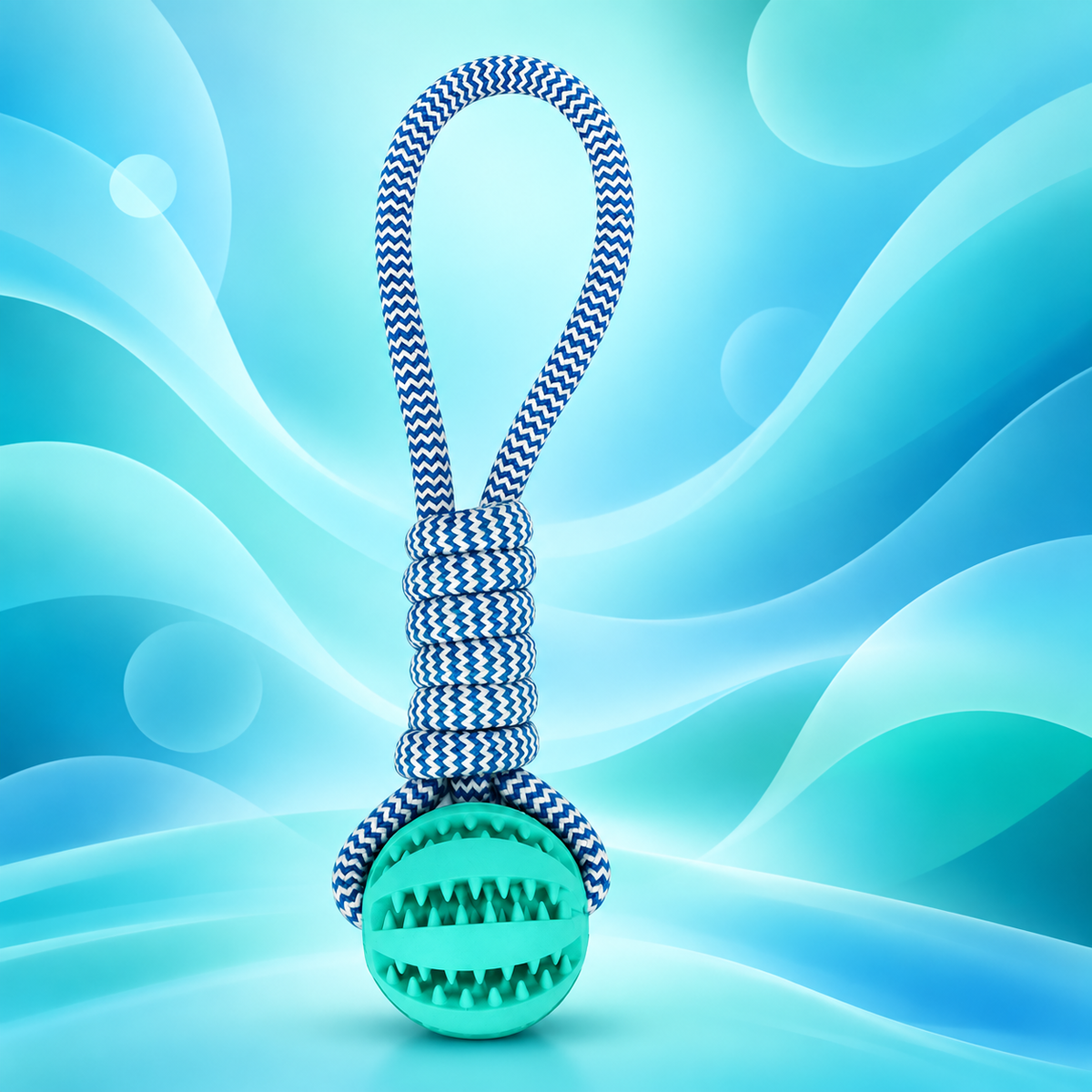 Blue Brighty TugBall dog toy with a turquoise textured treat ball and a blue-and-white braided rope loop, displayed against a blue background.⠋