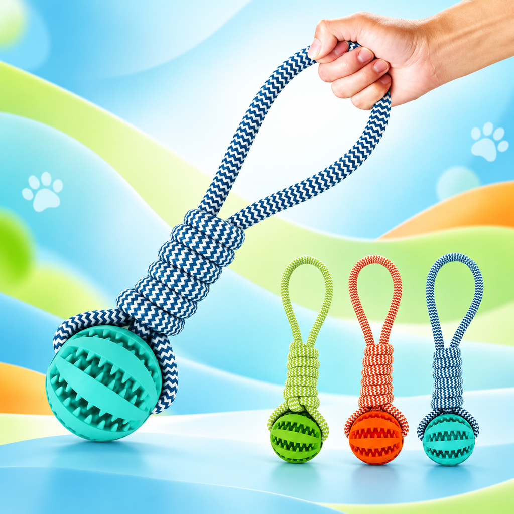 Hand holding the blue Brighty TugBall by its braided rope loop, with the green, orange and blue variants displayed alongside it