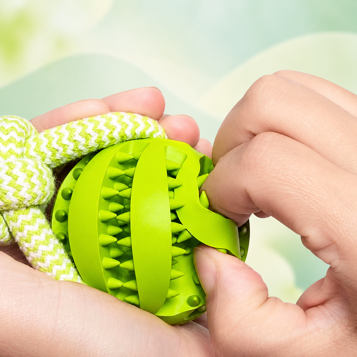 Hands flexing a section of the green Brighty TugBall to show its pliable textured surface and openings beside the braided rope.